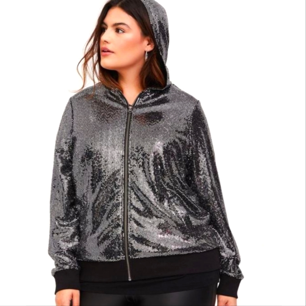 Silver Sequin Black Zip-up Hoodie